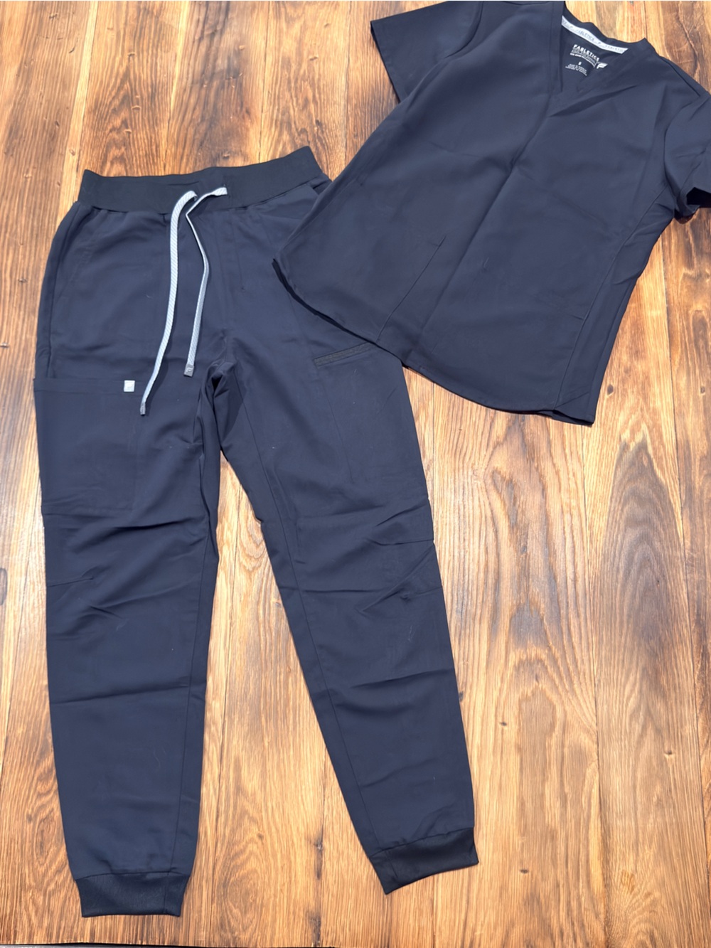 Fabletics Scrub Set- Small Top and Black Joggers with Light Gray Drawcord